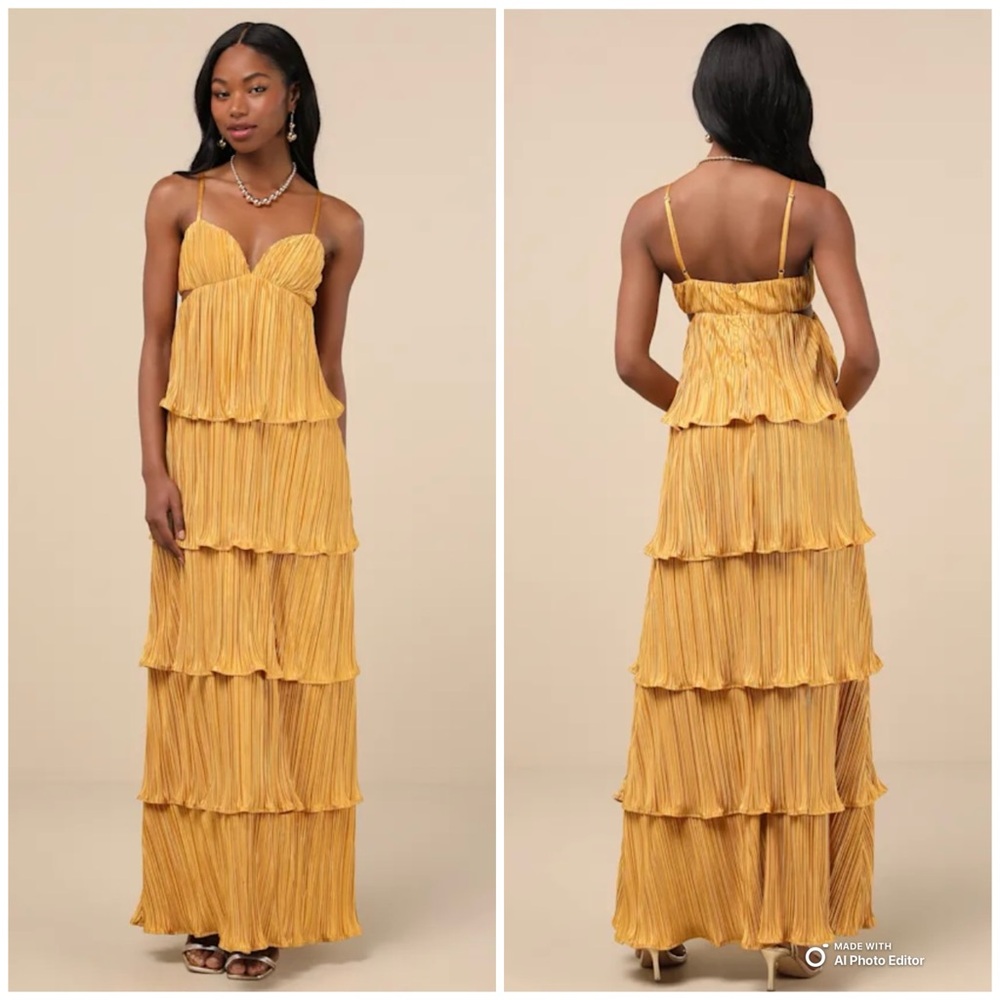 Lulu's Mustard Tiered Pleated Maxi Dress